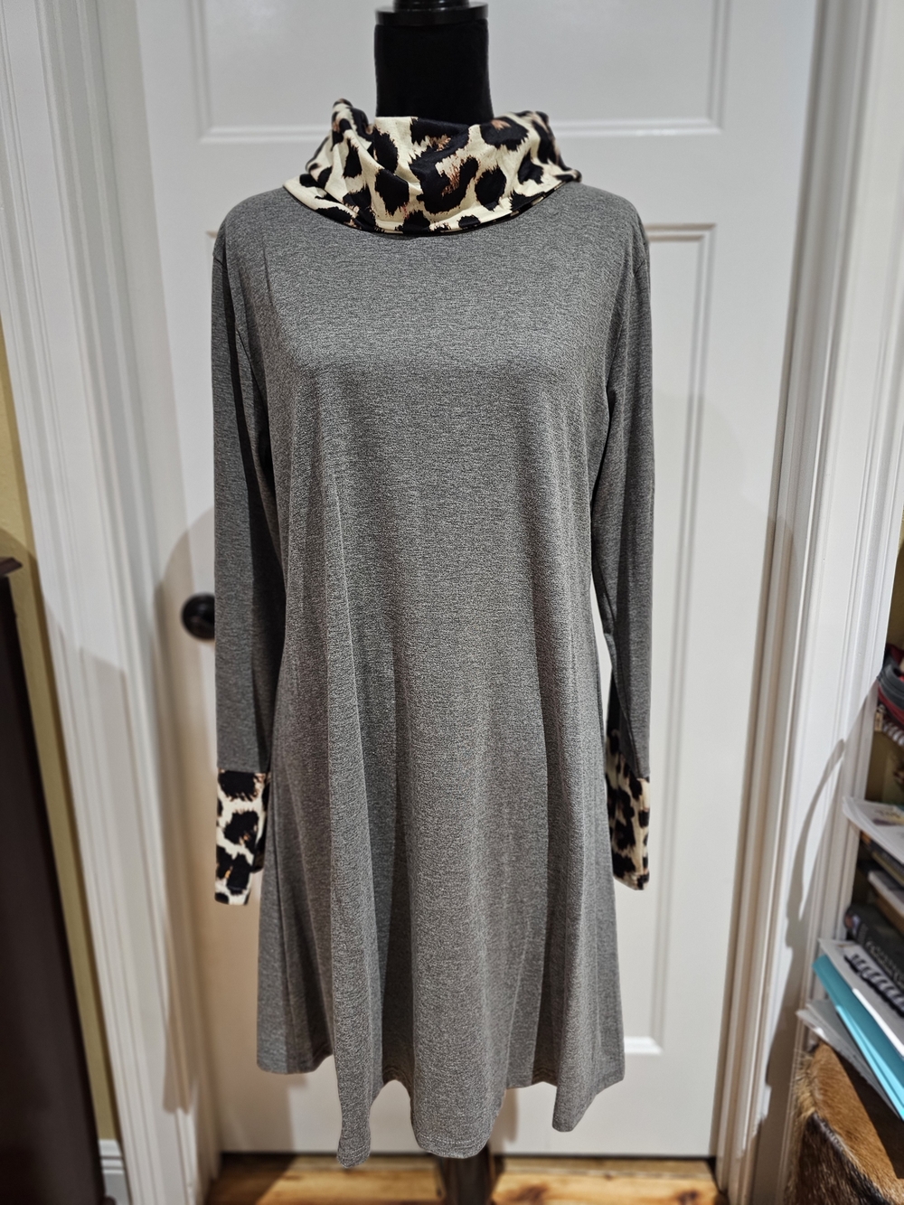 Gray Long-Sleeve Swing Dress with Leopard Trim, NWOT